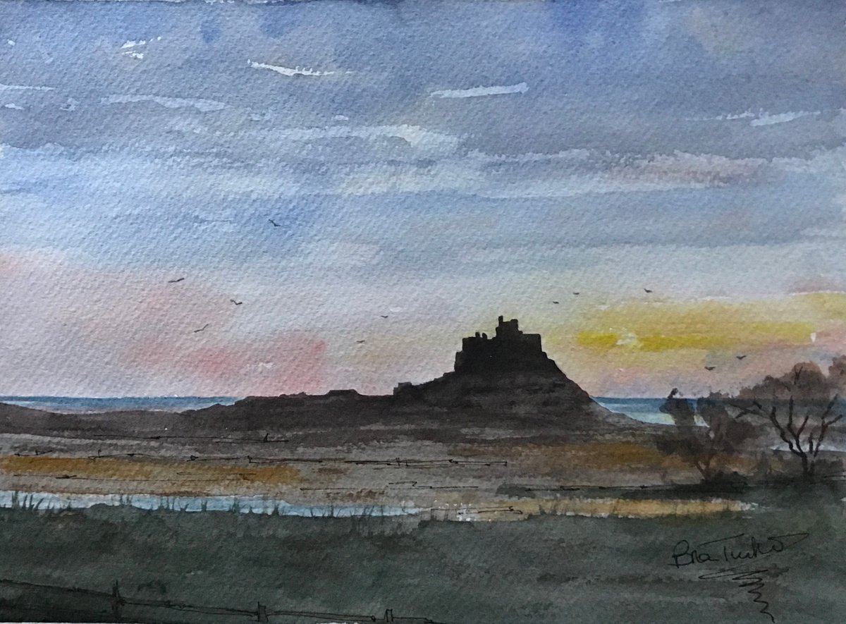 Impressionistic Landscape Watercolour By Brian Tucker, 14 X 10, Dawn At Lindisfarne, Original Artwork