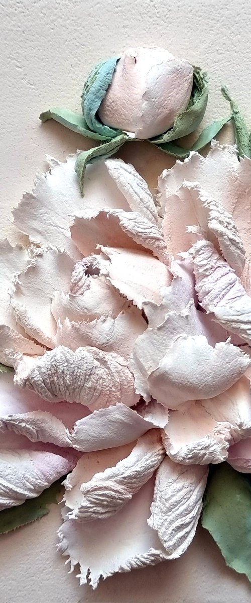 Peony flower panel. Small ceramic sculpture 3d flower with white petals. Tender peony botanical bas- relief. Peonies - 3d painting by Irina Stepanova