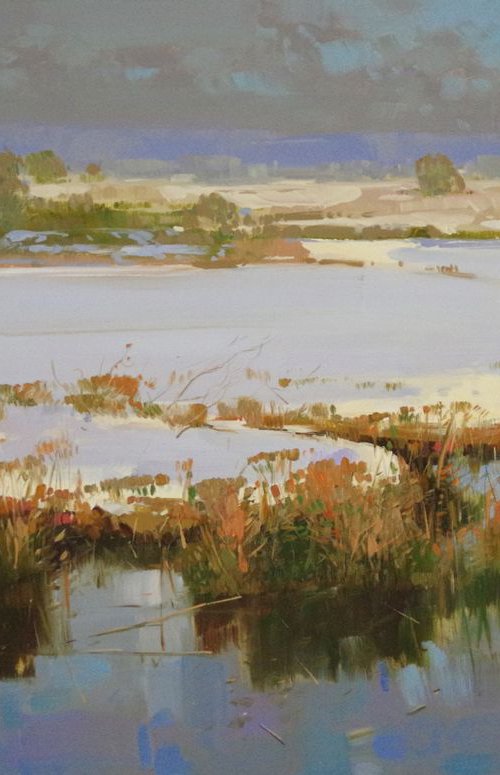 Lakeside Winter, Large Original oil Painting, Impressionism, Handmade artwork, One of a Kind by Vahe Yeremyan
