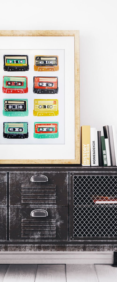 Linocut tapes #10 (cassette tapes, retro music, 70's, 80's rock culture) by Carolynne Coulson
