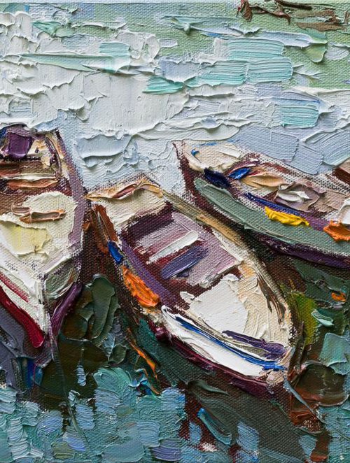 Moored rowing boats - Original oil seascape painting by Anastasiia Valiulina
