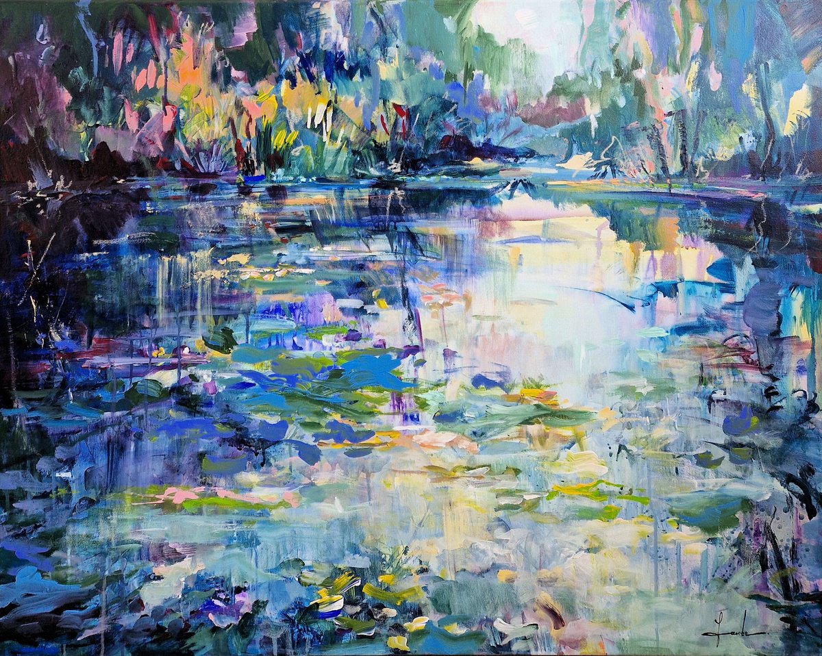 Abstract Landscape Painting By Irina Laube, 39 X 31, Cheelful Pond, Original Artwork