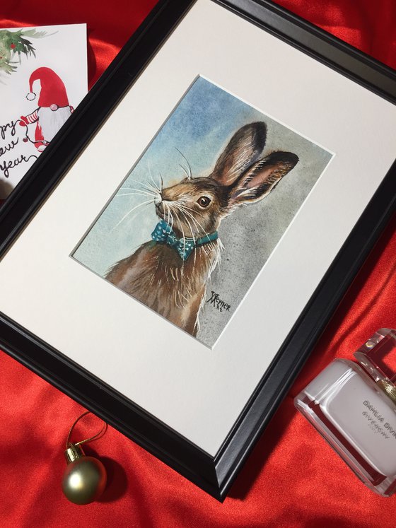 Hare in a bow tie. Mr rabbit. Christmas painting.