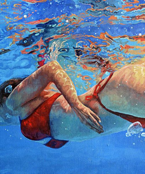 Under the Rainbow - Colourful Swimming Painting by Abi Whitlock