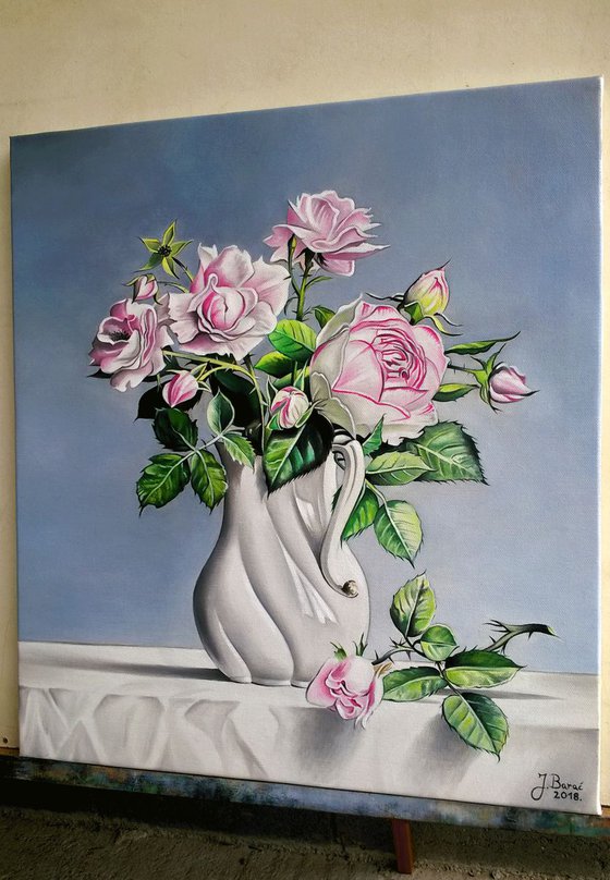 STILL LIFE WITH PINK ROSES , ORIGINAL OIL ON CANVAS PAINTING FINE ART