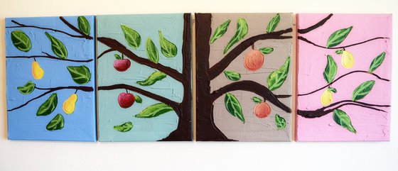 abstract painting triptych original landscape painting tree painting canvas triptych wall art "The Fruit Tree" pop abstraction contemporary art tree of life blossom polyptych" 36 x 12 inches quadriptych