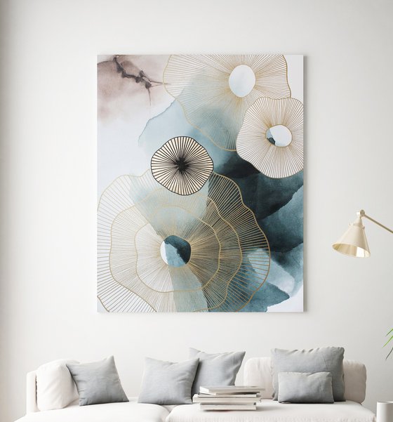 "Golden molecules 3 " Blue abstract art