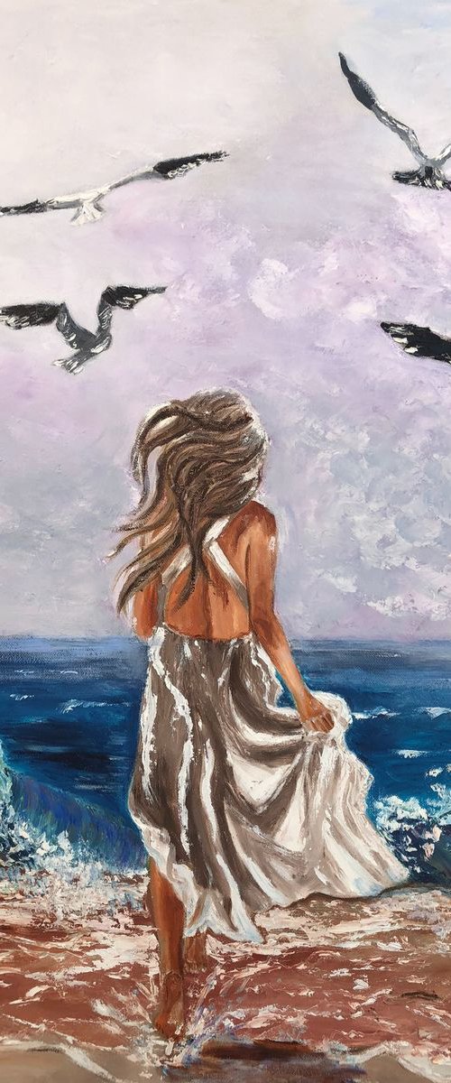 chasing the seagulls    pallette knife painting art decor wall art by Inna Montano