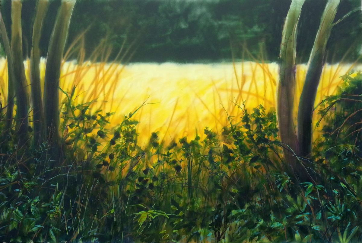 Impressionistic Landscape Acrylic Painting By Fabienne Monestier, 118 X 79, Summer, Original Artwork