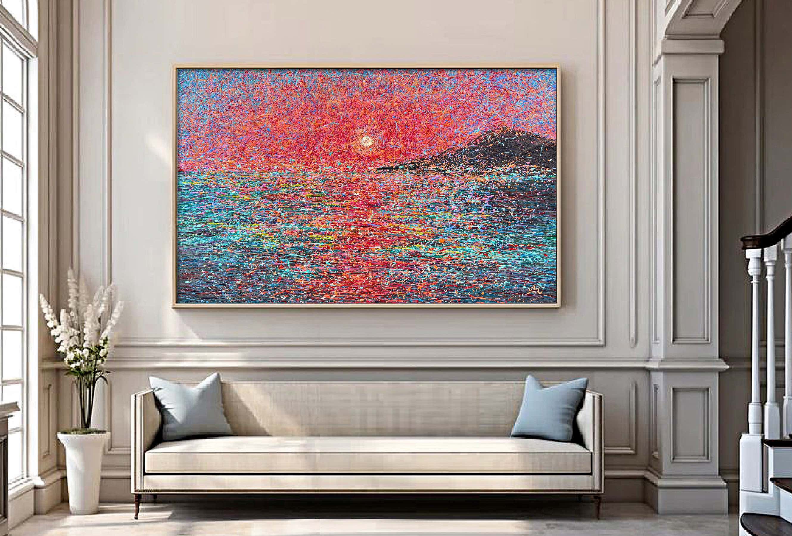 Abstract Landscape Acrylic Painting By Nadiia Antoniuk, 79 X 49", Reflected Flame, Original Artwork
