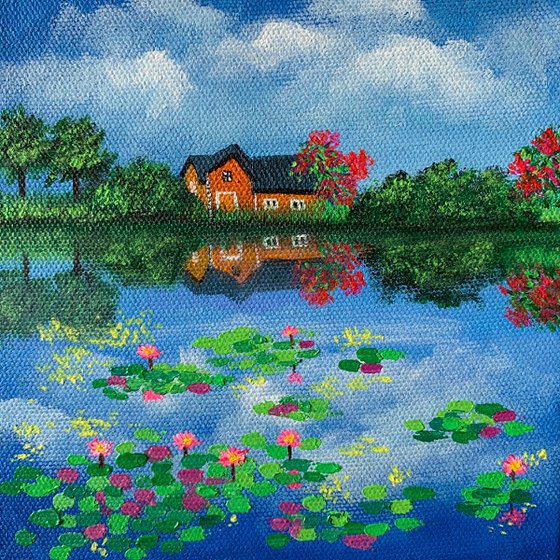 House by water lilies pond - 2 ! Small Painting!!  Ready to hang