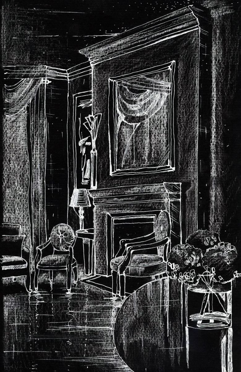 Art deco interior with fireplace - black and white graphic by Dmitry King