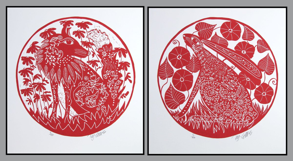 Hare and Fox, a pair of linocuts by Mariann Johansen-Ellis