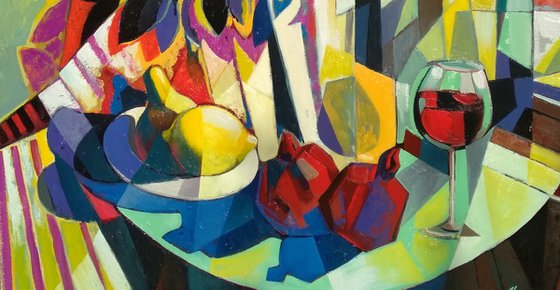 Still life with wine and pomegranates (80x80cm, cubism, oil painting, ready to hang)