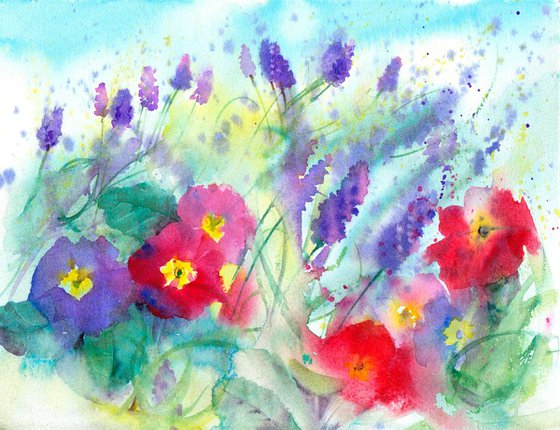 Spring Floral Landscape, Primroses and Grape Hyacinth, Spring Flowers, Floral Wall Art, Loose Watercolour painting