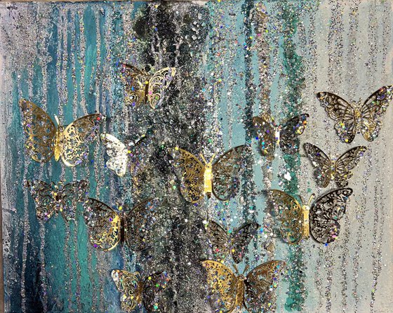 Teal gold blue butterflies waterfall "Freedom"