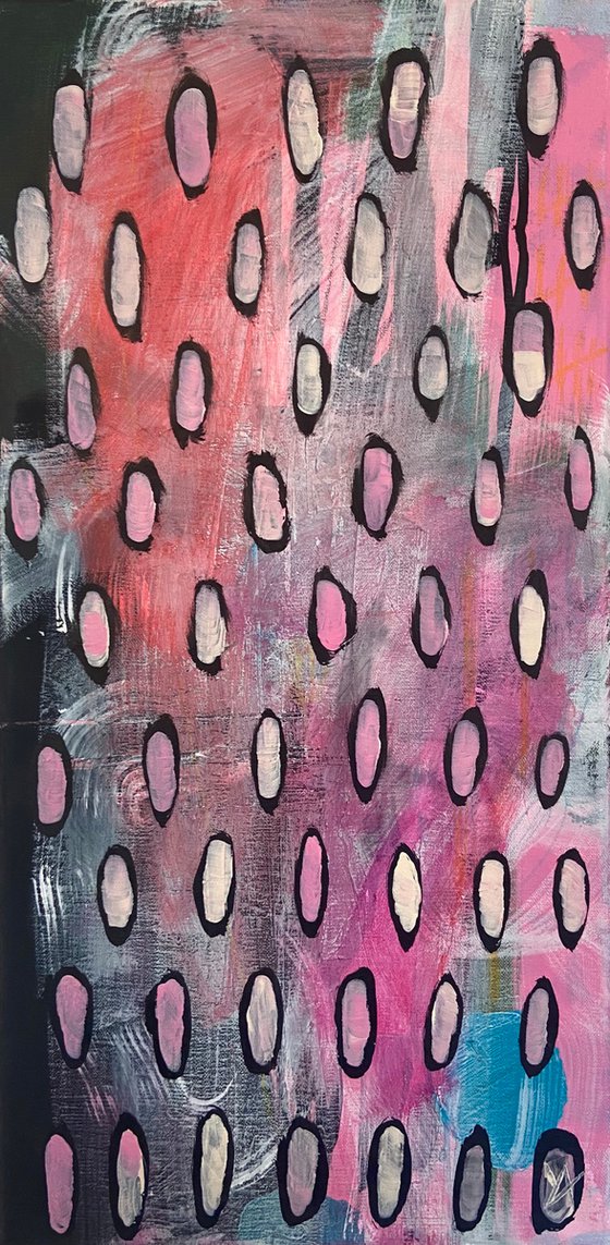 DAILY DOSE- a vertical painting, pink, black and white, circles, modern