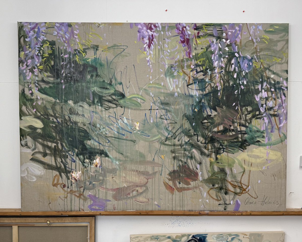 Expressive Abstract Oil Painting By Lilia Orlova-Holmes, 79 X 55", Wisteria Over The Pond, Original Artwork