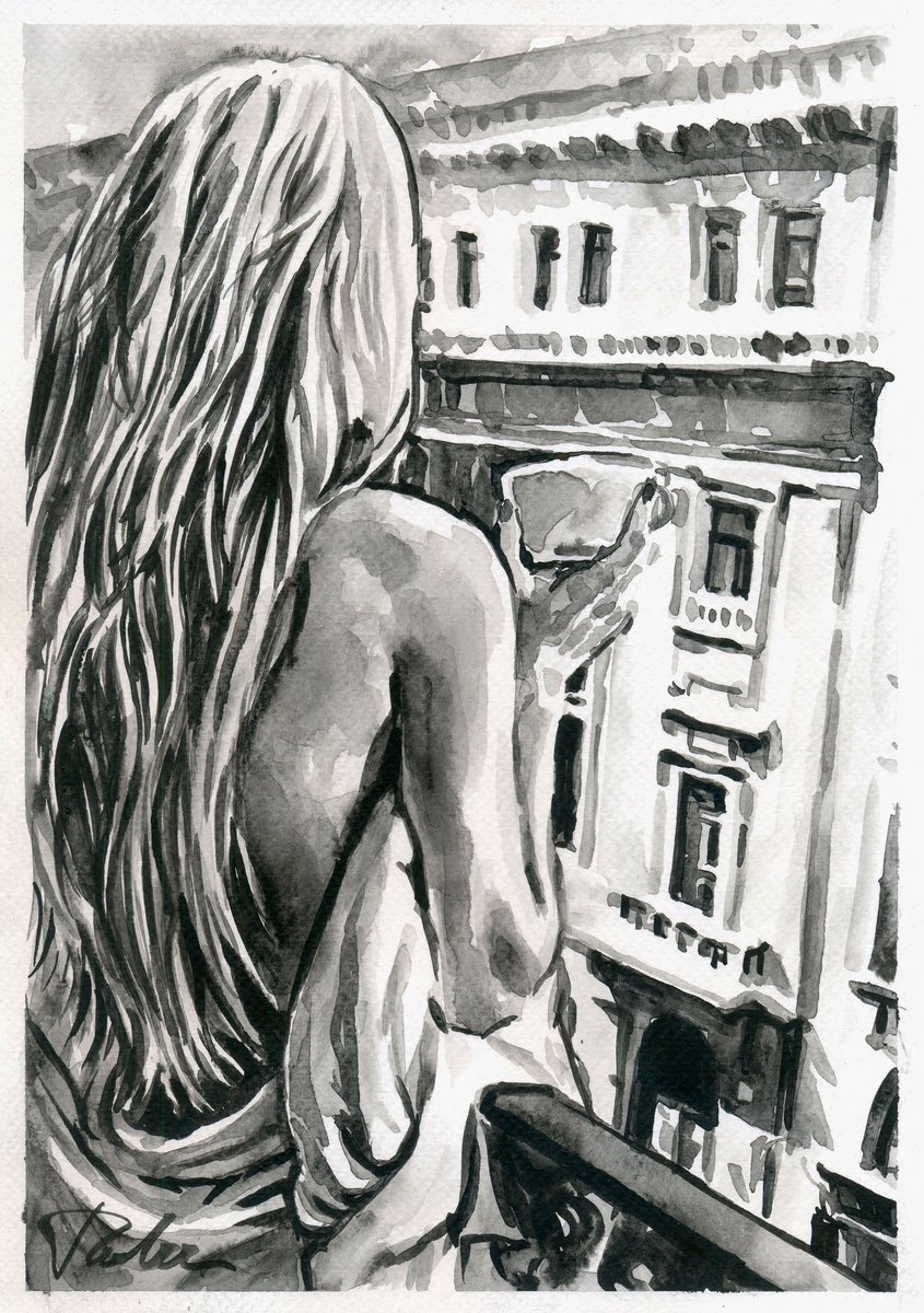 Urban And Pop Portrait Ink Drawing By Tashe, 8 X 12", "Coffee, Morning, Me", Original Artwork