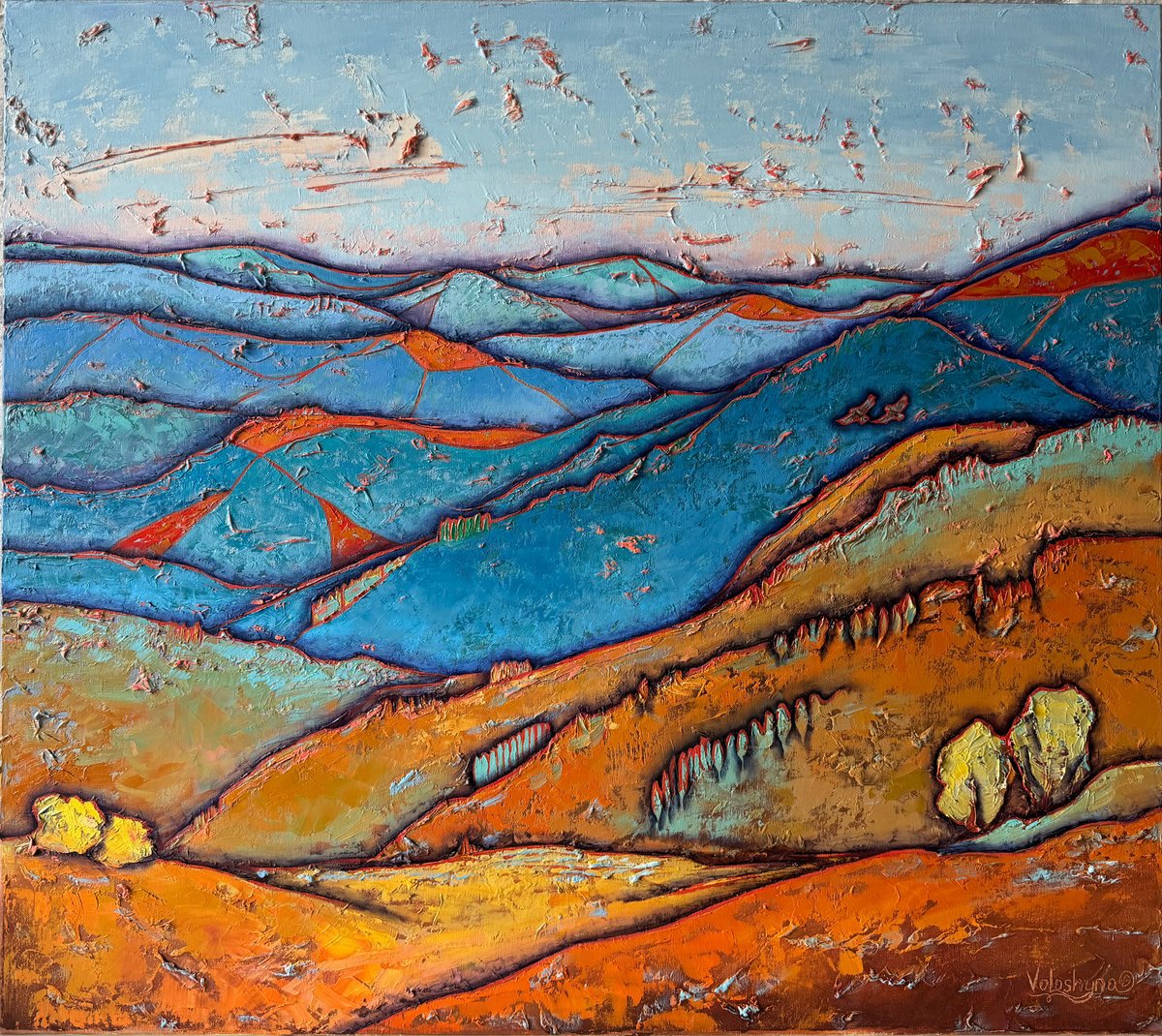 Expressive Oil Painting , Mountains And Sky By Mary Voloshyna, 35 X 31, Artwork For Sale On Artfinder