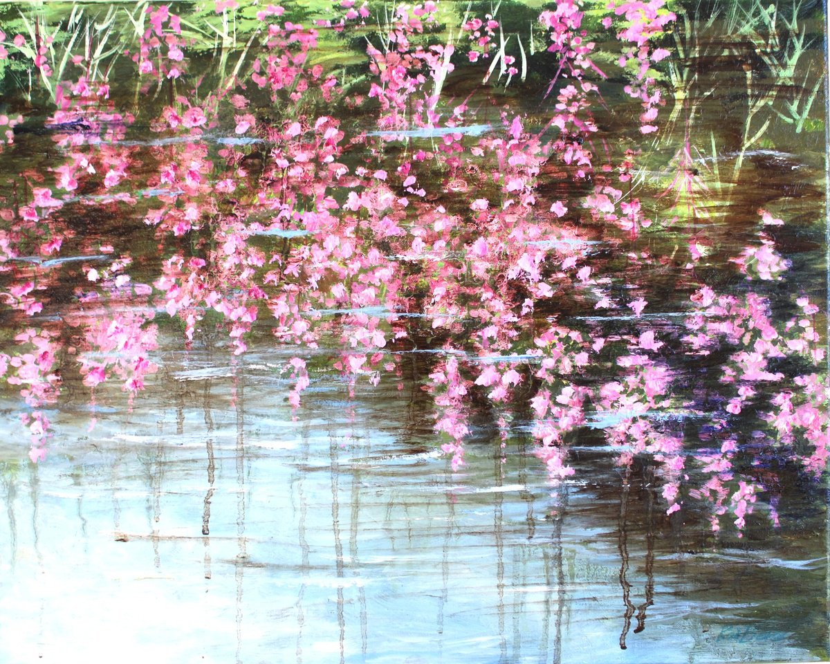 Impressionistic Botanical Oil Painting By Rod Bere, 20 X 16", Flower Reflections In Water, Original Artwork