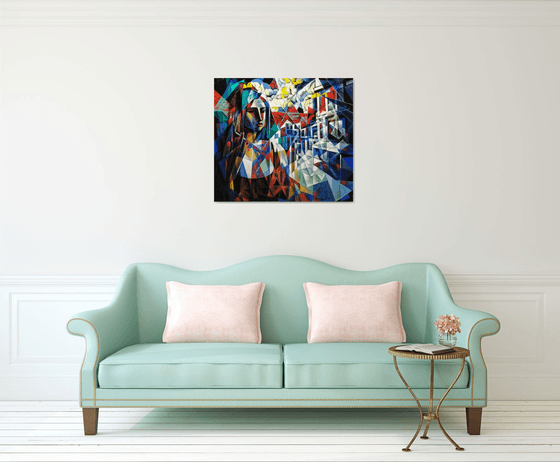 Waiting (90x80cm, cubism, oil painting, ready to hang)