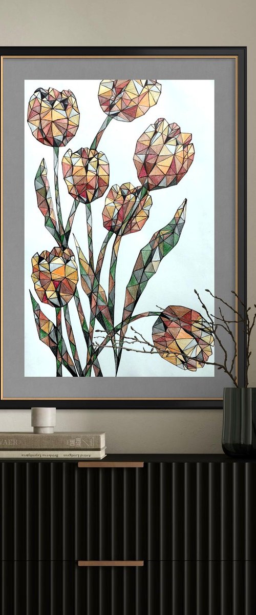 AMBER CRYSTAL TULIPS ON A SOFT BLUE by Maria Tuzhilkina