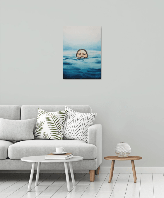 "Girl in the water" - watercolor painting realism, original gift, erotic girl, office decor, blue, home interior, wall painting