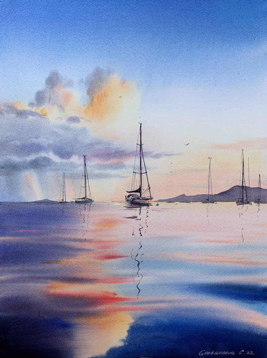 Impressionistic Landscape Watercolour By Eugenia Gorbacheva, 12 X 16, Yachts At Sunset #3, Original Artwork