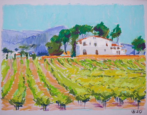 France province from the train window. Original oil pastel painting. Small one of a kind decor interior summer travel dream by Sasha Romm