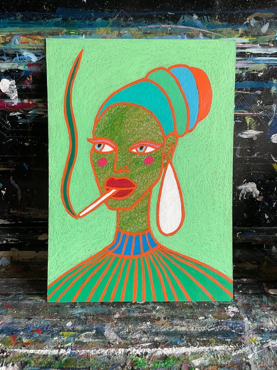 Green lady with pearl earring