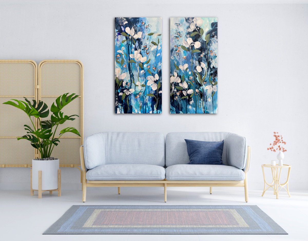 Organic Botanical Acrylic Painting By Nicole Esposito Woodall, 10 X 10", Water Diviner I And Ii Diptych, Original Artwork