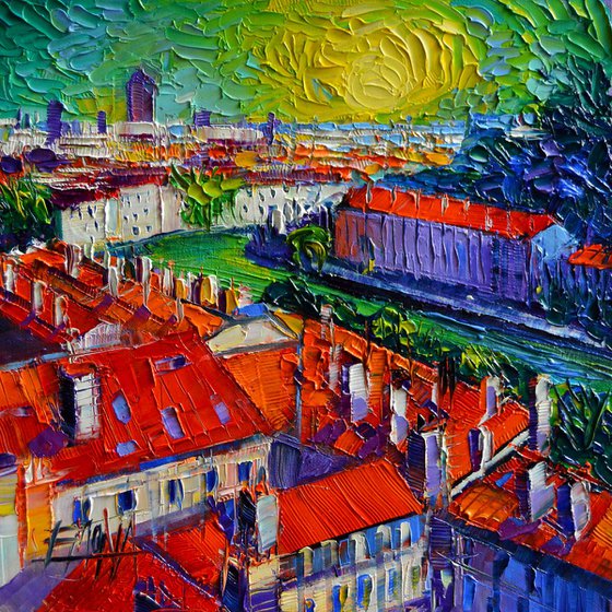 View over the city of Lyon France contemporary impressionist palette knife oil painting by Mona Edulesco