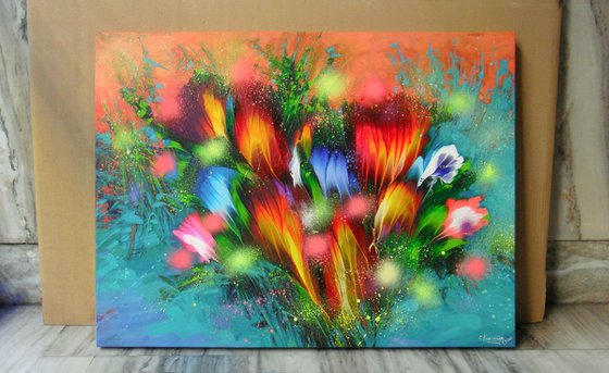 "Emerald Bouquet of Happiness" Abstract Painting 60 x 80cm