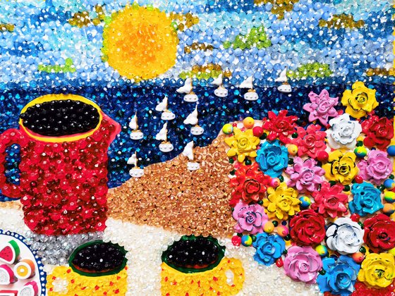Romantic evening by the sea - Abstract still life with mosaic & glass. Naive art decorative wall sculpture