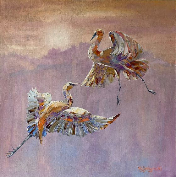 "Dance in the air". Birds in flight. Birds oil painting. Birds flying in the distance