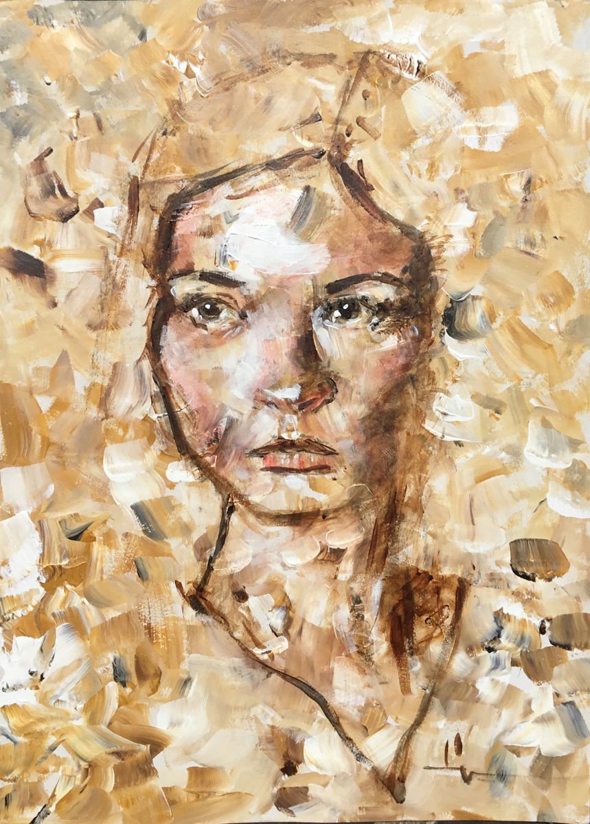 Expressive Portrait Acrylic Painting By Dominique Deve, 12 X 16, S.girl, Original Artwork