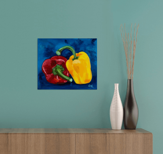 ReD and yellow Peppers on navy  blue background  #7