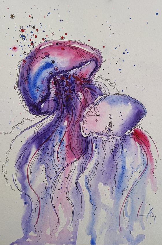 In the ocean -  watercolor painting, jellyfish, jellyfish painting, ocean, sea, animals, life of jellyfish