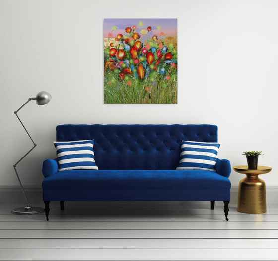 40" Summer flowers at sunset Large Painting