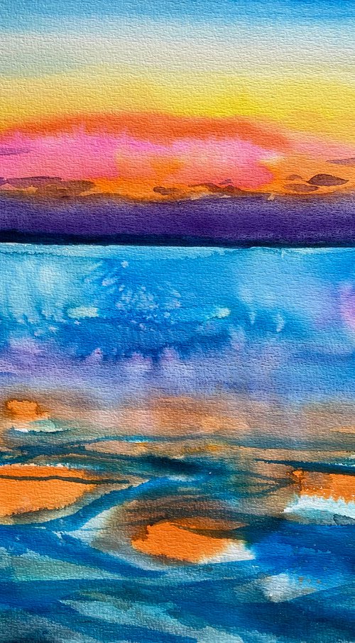 Seascape Watercolor Painting, Sea Ocean Wall Art, Sunset Large Original Painting, Coastal Home Decor by Kate Grishakova