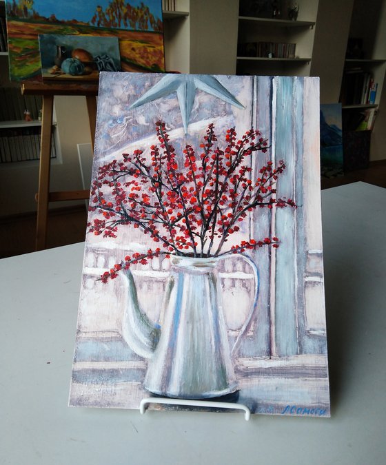 Winter day outside the window - Christmas card painted in oil