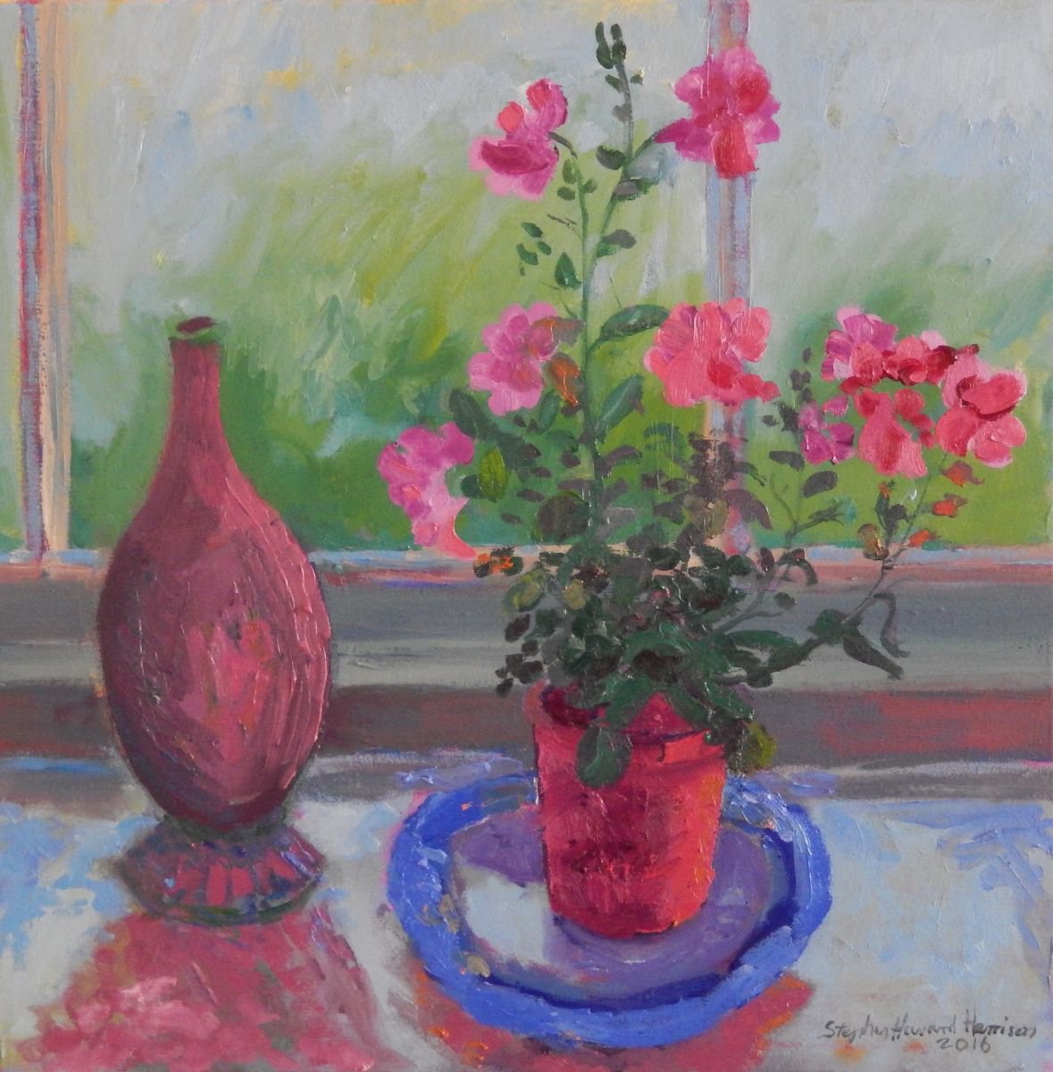 Impressionistic Botanical Oil Painting By Stephen Howard Harrison, 24 X 24", Petunias On The Windowsill, Original Artwork