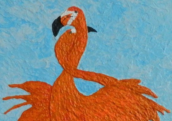 Tango - contemporary impressionist, flamingo dance, seascape, bold impasto texturized painting