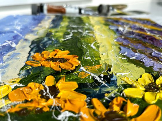 Sunflower Painting Lavender Original Art Ukraine Impasto Oil Landscape Artwork Floral Wall Art 10 by 10 in