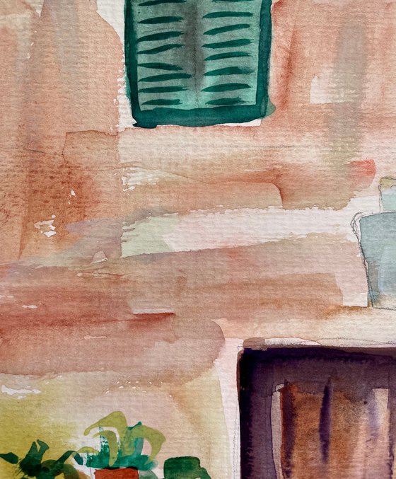 Spain Original Watercolor Painting, Mallorca Island Wall Art, Cozy Street Artwork, Travel Gift, Mediterranean Home Decor