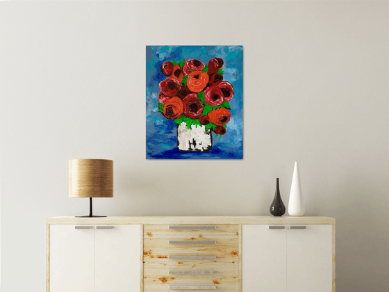 BOUQUET OF Red  Roses textured acrylic painting, palette knife artwork