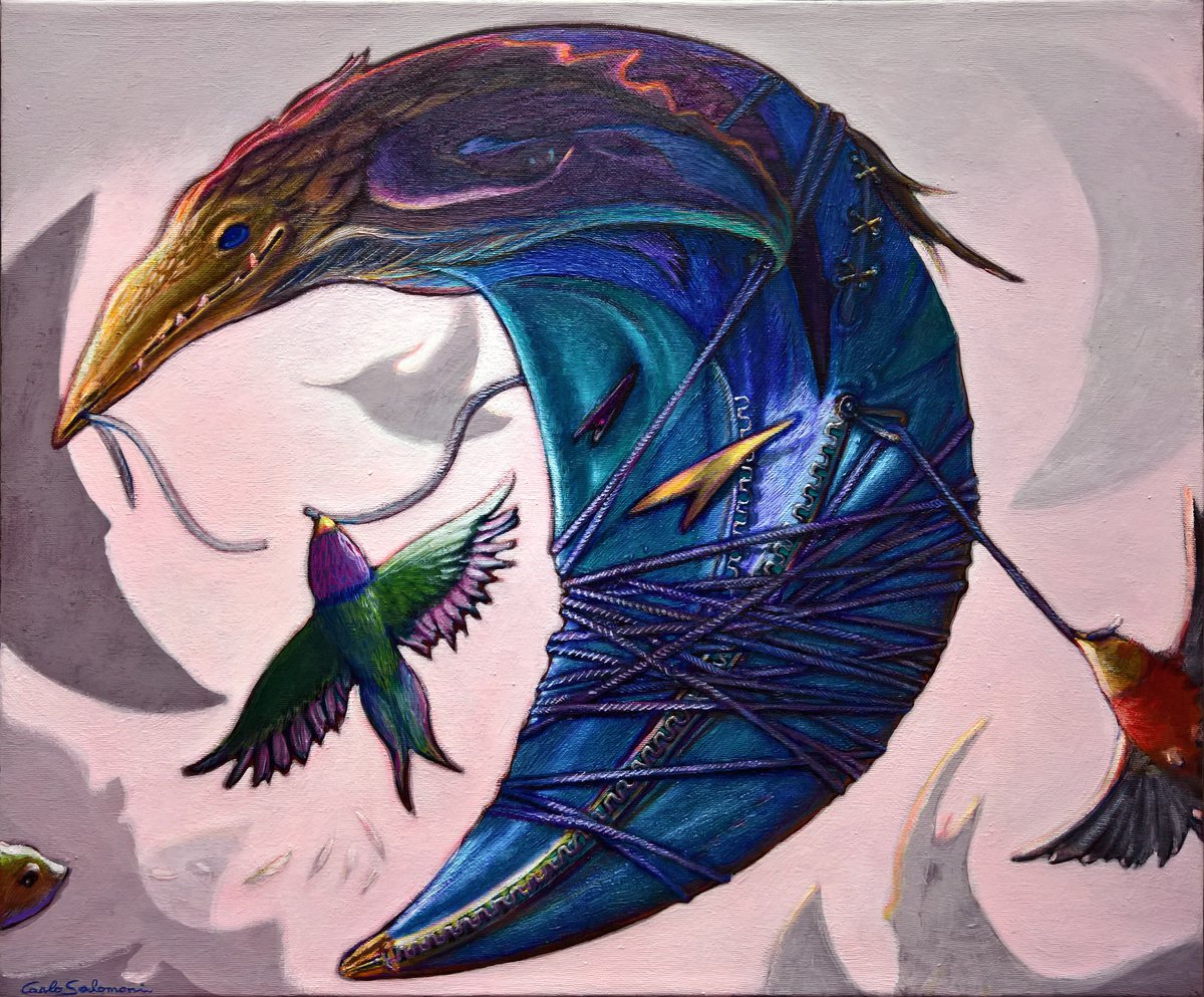 Surrealistic Animal Painting By Carlo Salomoni, 24 X 20, In Aid Of The Moon, Original Artwork