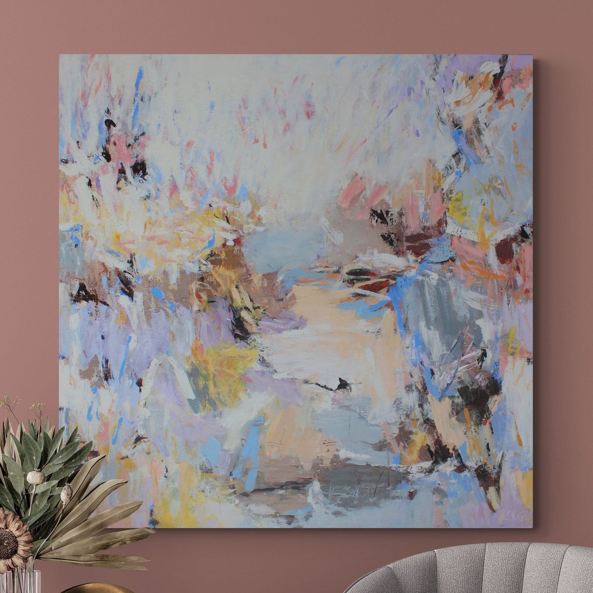 Expressive Abstract Acrylic Painting By Julia Grande, 39 X 39", "Show Your True Colors", Original Artwork