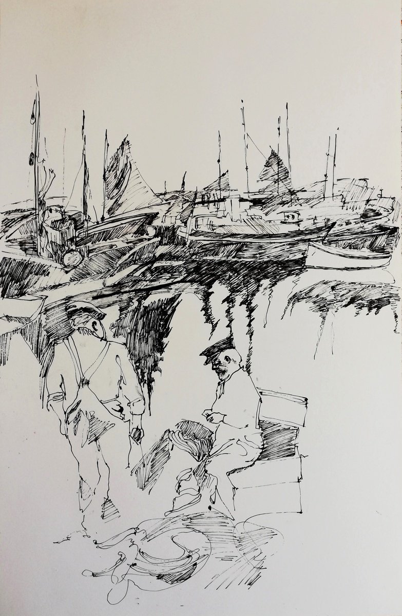 Impressionistic Landscape Ink Drawing By Jelena Djokic, 18 X 28, Harbor Sunset, Original Artwork